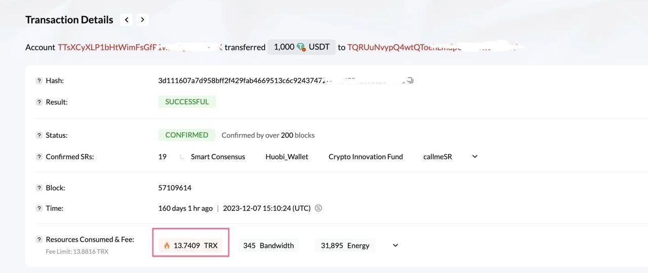 TRX were burned for a USDT transfer